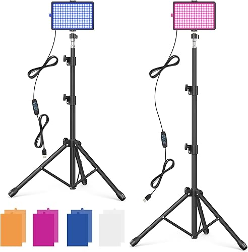 Paquete de 2 luces LED USB regulables, iluminación de fotografía, luces de estudio de 5600 K con soporte de trípode, altura ajustable y 4 filtros de