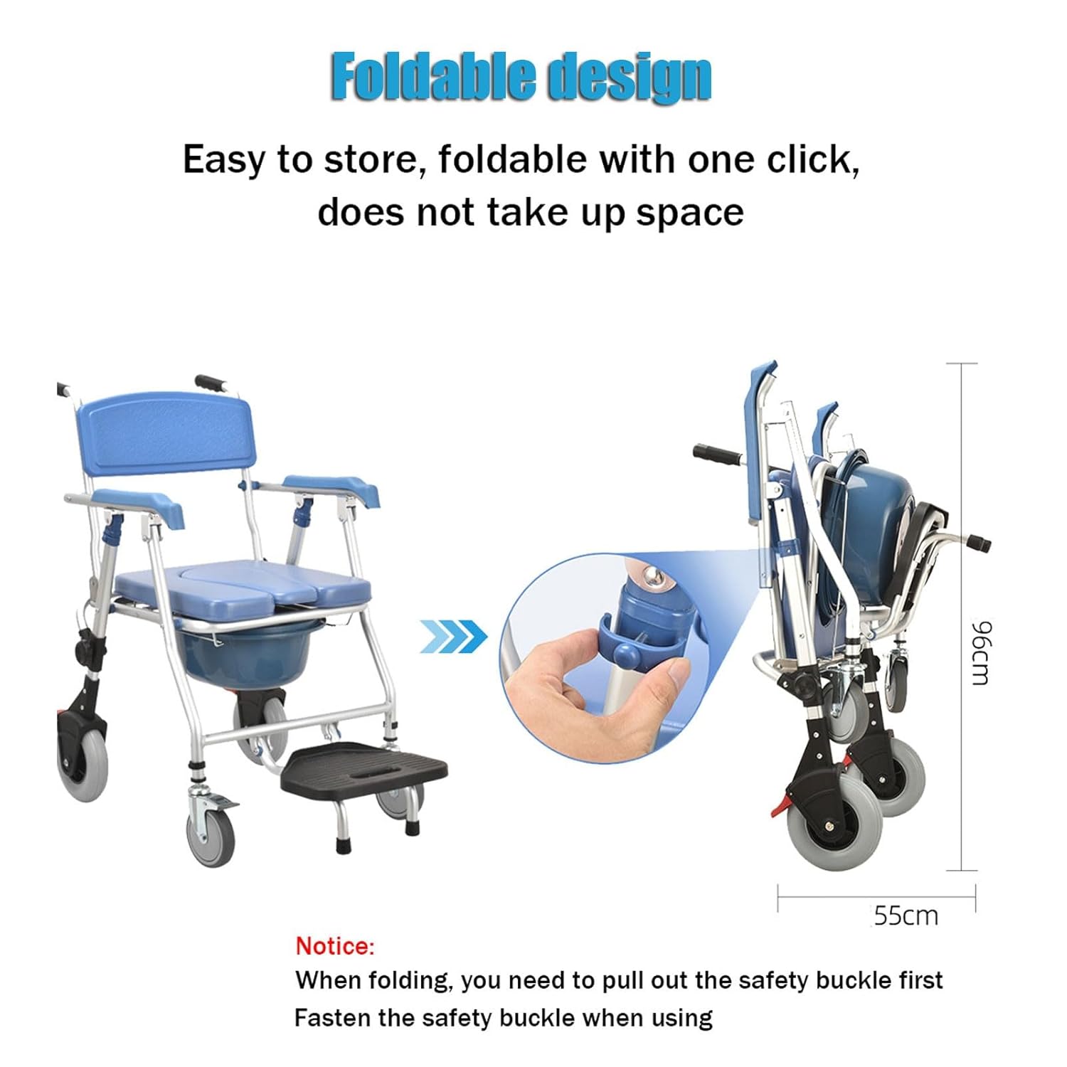 Commode Shower Chair with Wheels, 3-in-1 Folding Bedside Commode Chair for Toilet with Soft Cushion and Bed Pan, Shower Chair for Elderly and Disabled, Load Capacity: 330 lbs