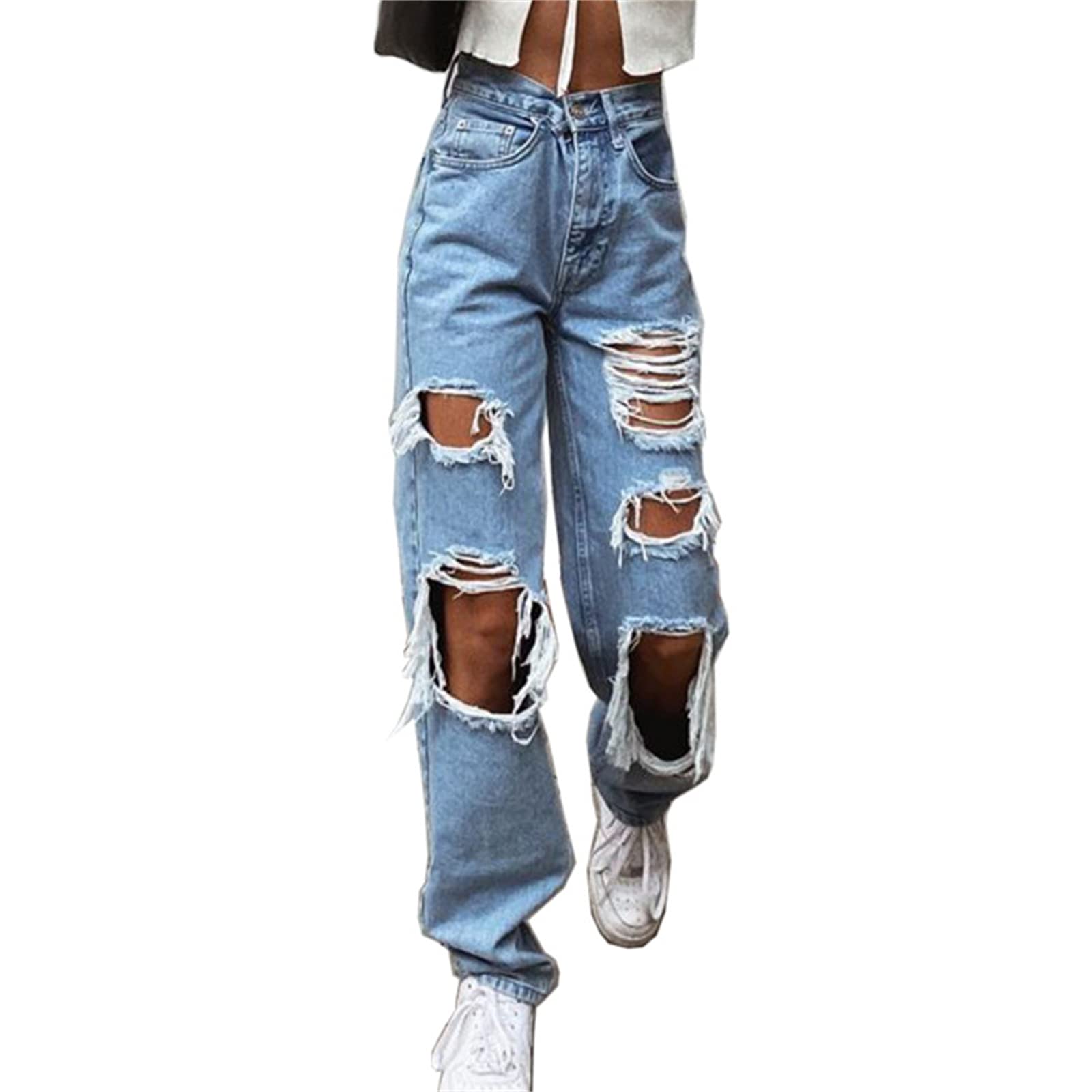 WFEI Pantaloni Casual da Donna Sexy Jeans Pantaloni Casual Big Fori Pantaloni Lunghi Donne Jeans strappato Pantaloni in Denim sfilacciati