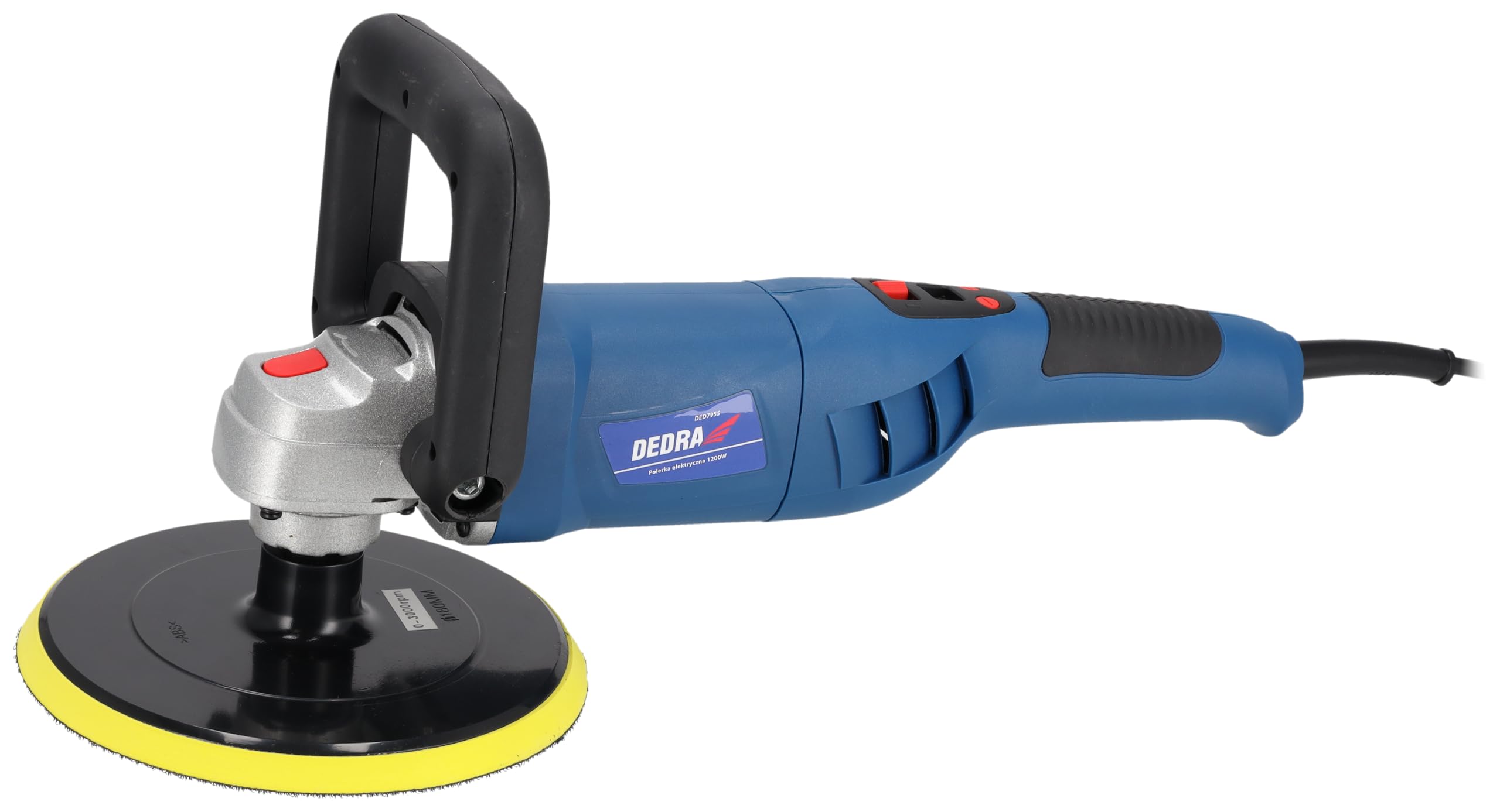 DEDRA Auto-Poliermaschine, elektrisch Leistung 1200 W, Polierteller 180 mm, 0-3000 U/min, Gewicht 2,8kg, langes Kabel 5m, mit digitaler Geschwindigkeitsanzeige