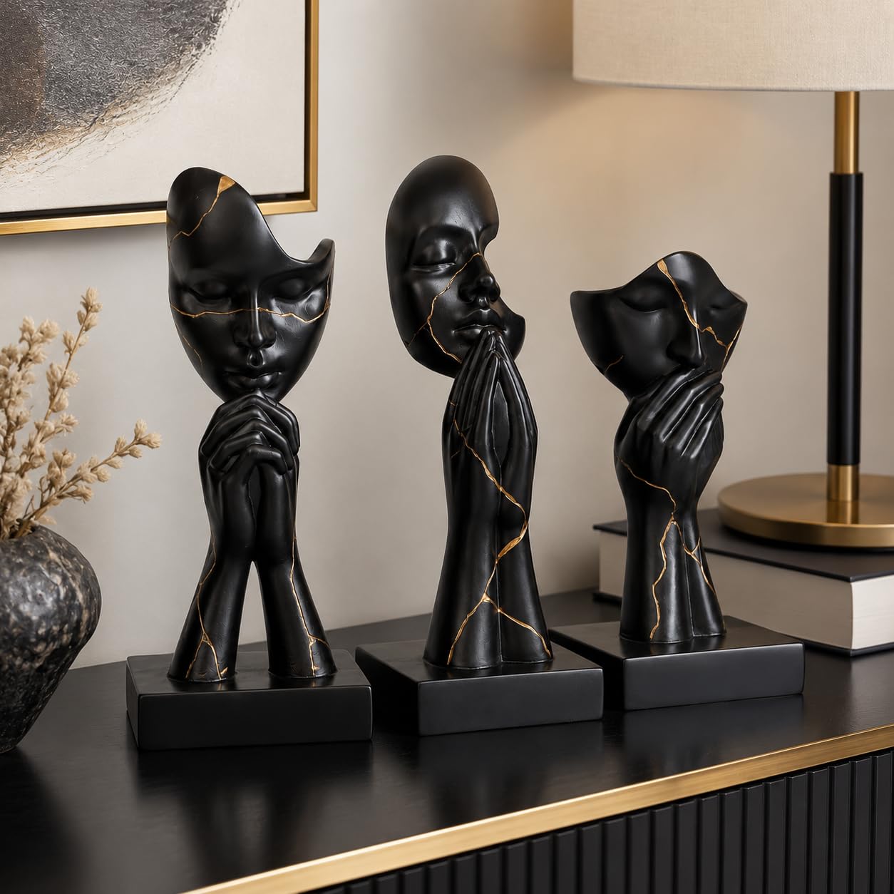 Gebetshände, Kunstharz-Statue, 3-teilig, abstrakte Kunst-Skulptur-Set | Betende Hände, Dekoration, modernes Regal, Tisch-Bücherregal, Wohnzimmer, Büro, 3-teiliges Set