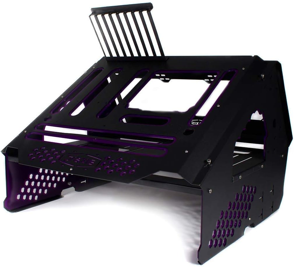 PrimoChill's Praxis Wetbench Powdercoated Steel Modular Open Air Computer Test Bench for Watercooling or Air Cooled Components - Black w/UV Red/Pink Accents