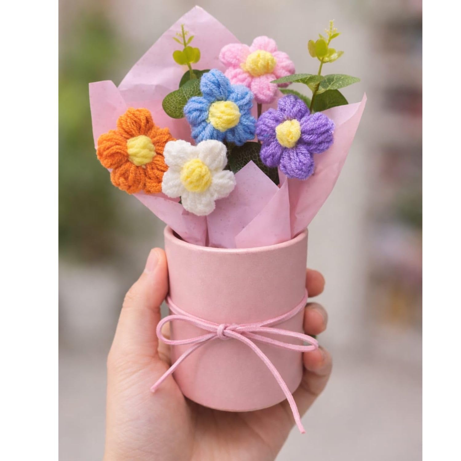 VRB Dec 1pcs Artificial Crochet Flower Bouquet/Artificial Flowers Bunch/Crochet Flowers Bouquet/Crochet Flowers/Flowers Bouquet Gift for Girls Home Decor,Gifting,etc. (Multicolor Daisy Bouquet/)