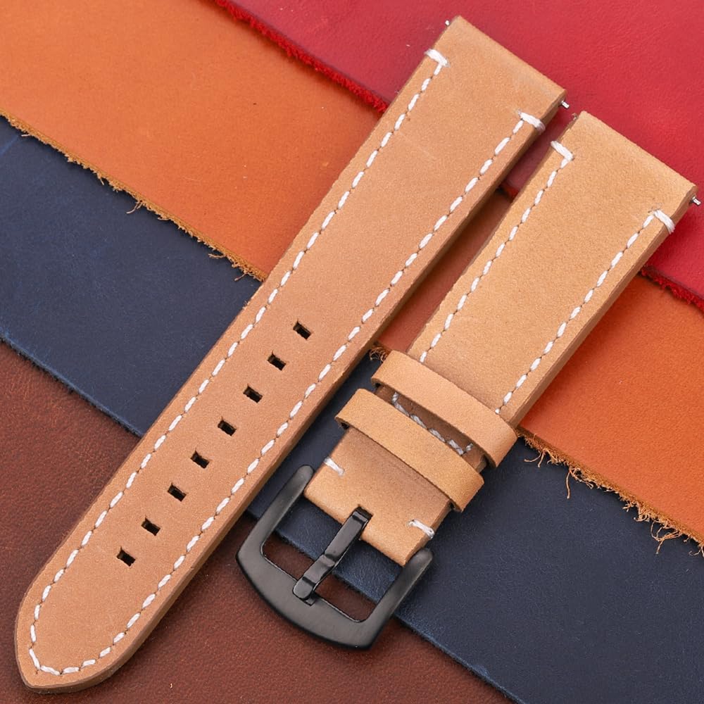 Vintage Leather Watch Band Sport Strap 18mm 20mm 22mm 24mm Genuine Cowhide 7 Colors Watchband Accessories for Men Women(Dark Brown Silver,24mm)