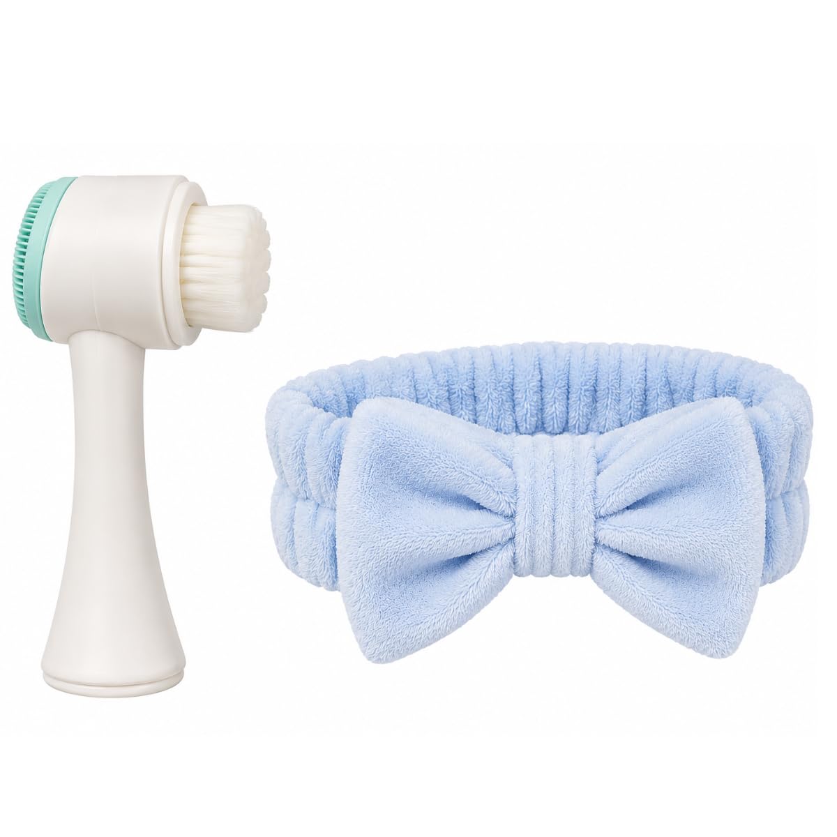 Escova de Limpeza Facial 2 em 1 para Skincare, Kit com Faixa de Pelúcia com Laço,