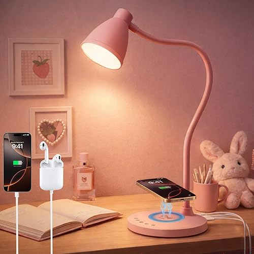 Miniatura 9 de BOHON Lámpara de escritorio para oficina en casa, luz LED de escritorio con puertos de carga USB C+A, cargador inalámbrico, temporizador de luz de