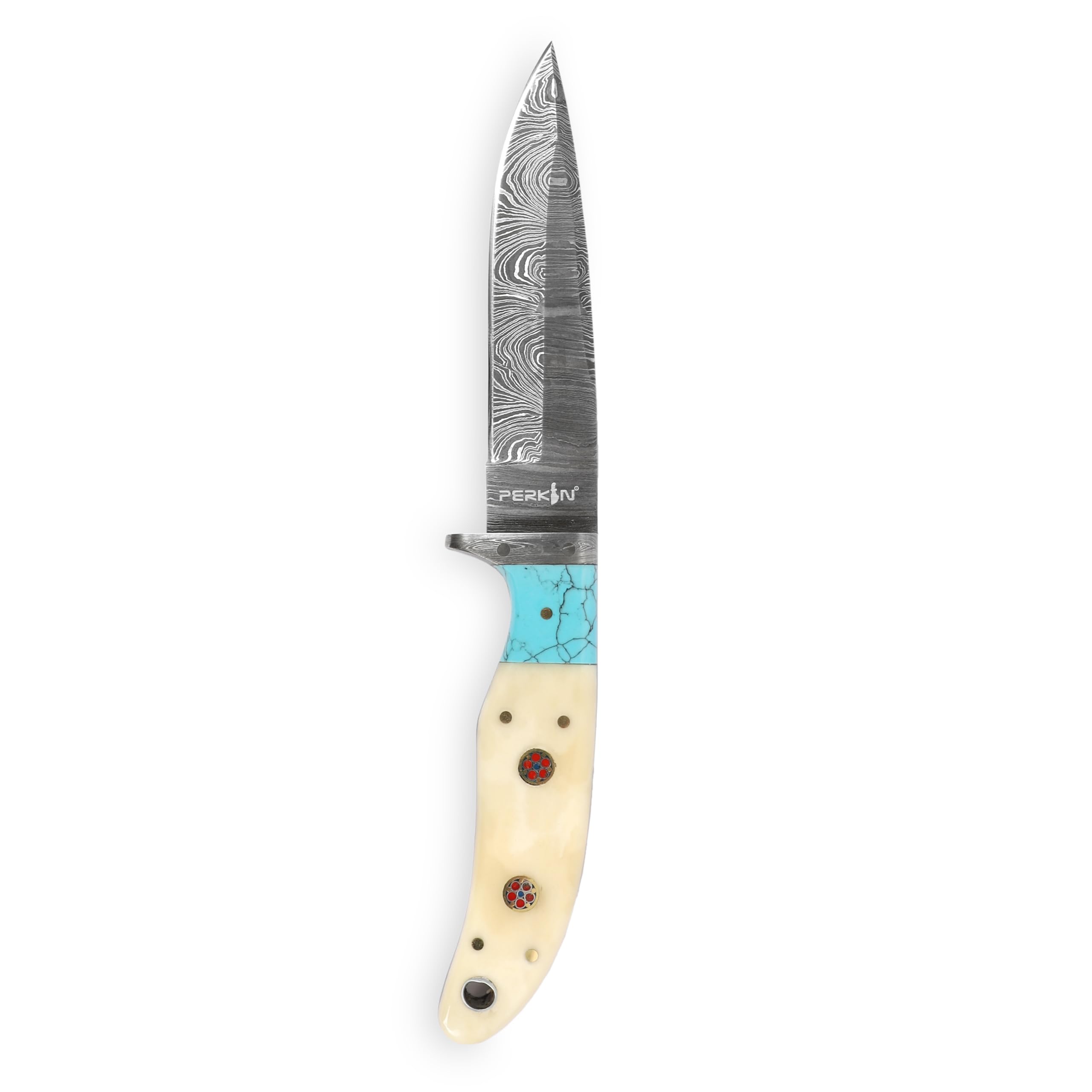 Coltello da caccia effetto damasco fatto a mano, manico turchese in osso.
