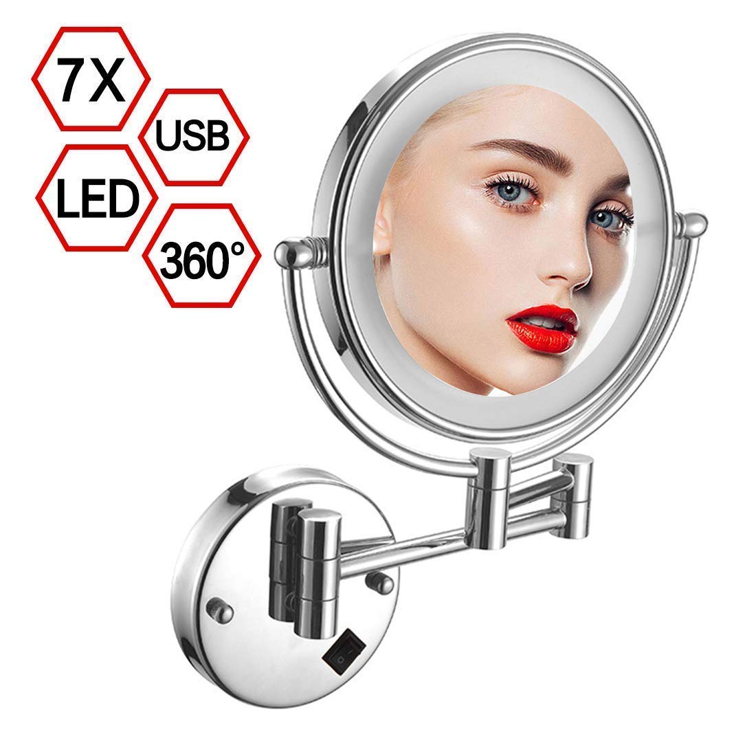 Specchio per Il Trucco da Bagno Specchio da Barba con Specchio cosmetico USB Girevole a 360 Gradi Montato a Parete da 8 Pollici su Due Lati