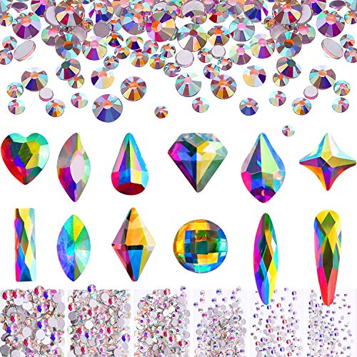 Nail Crystals AB Rhinestones Set 1728 Pieces Nail Round Flatback Beads and 240 Pieces Flat Back Crystal Rhinestones Gems for Nails Art Clothes Shoes Bags Crafts (240 and 1728 Mix Shape)
