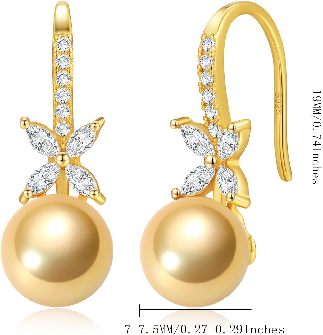 Pearl Drop Earrings for Women - 925 Sterling Silver 18k Gold Plated Hypoallergenic White/Black/Blue/Golden/Purple Freshwater/Saltwater Cultured Pearls Ear Hook Earrings with Cubic Zirconia