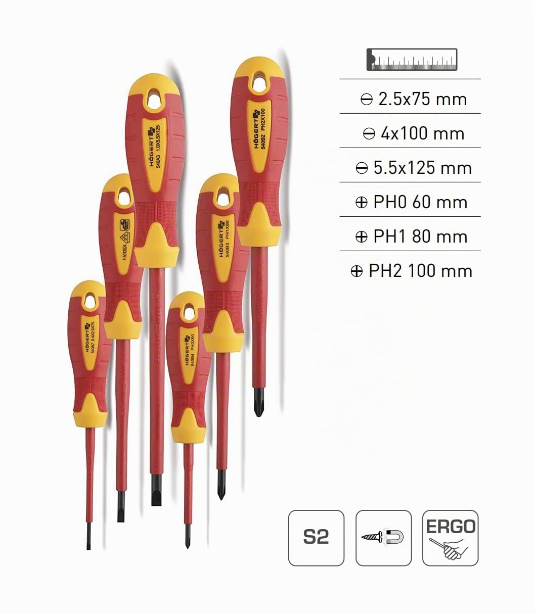HÖGERT TECHNIK Set di 6 cacciaviti isolati magnetici con impugnatura antiscivolo, cacciavite a croce e cacciavite a testa piatta, 1000 V, STAL S2, rosso/giallo