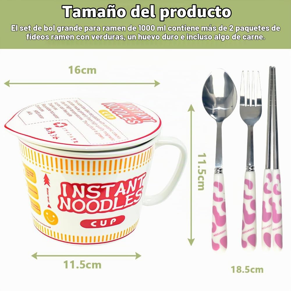 Tazón de Fideos Ramen Cuenco de Cerámica para Ramen con Tapa 1000ml Cuenco Fideos Instantáneos con Set de Cuchillo Tenedor y Cuchara Tazón de Sopa con Asa para Ramen Pasta Ensaladas Snacks