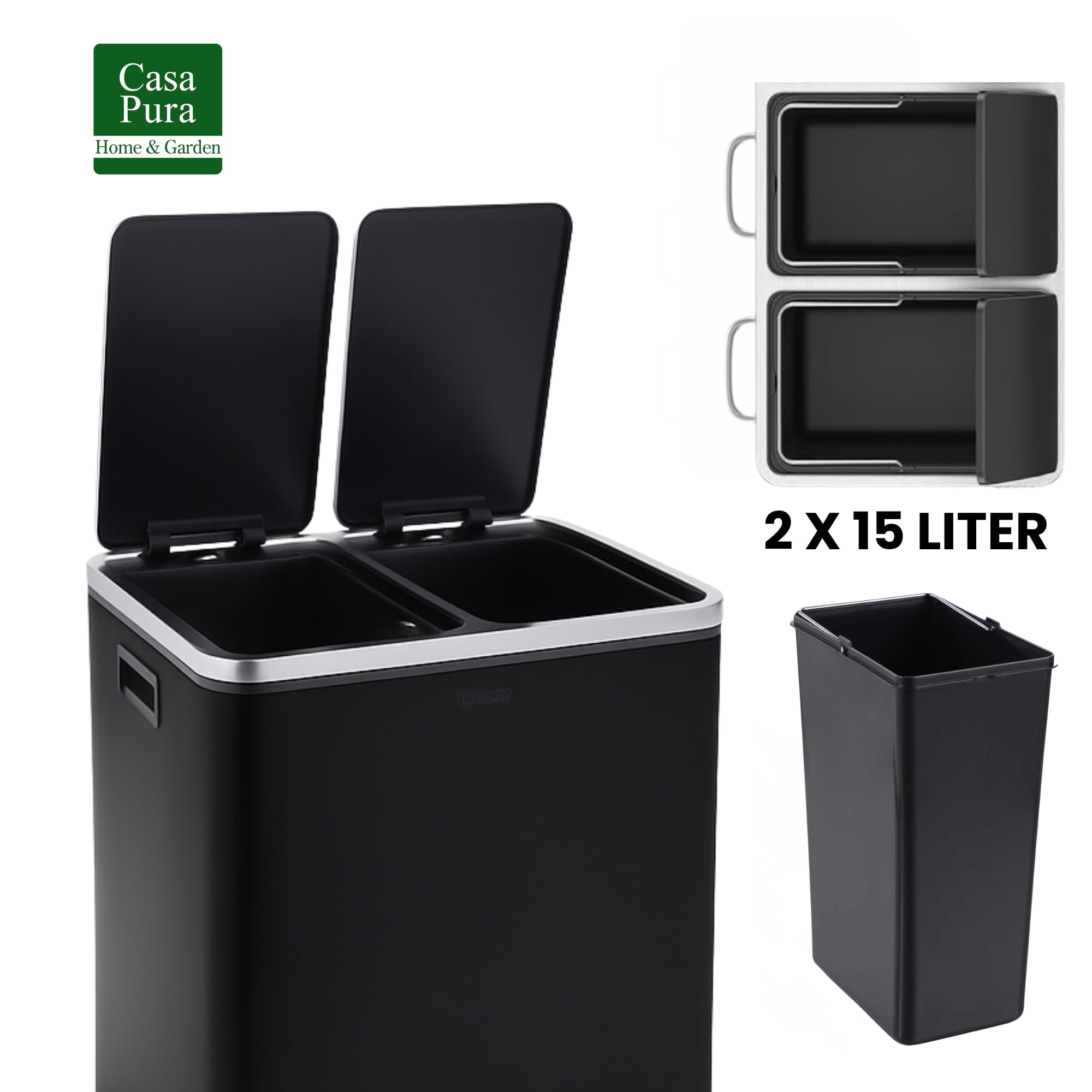 casa pura Pattumiera con 2 Scomparti – 2 x 15 Litri, Secchio Interno Rimovibile con Manico, Coperchio con Chiusura silenziatore, Sistema di Raccolta dei rifiuti, pattumiera per Cucina e Ufficio