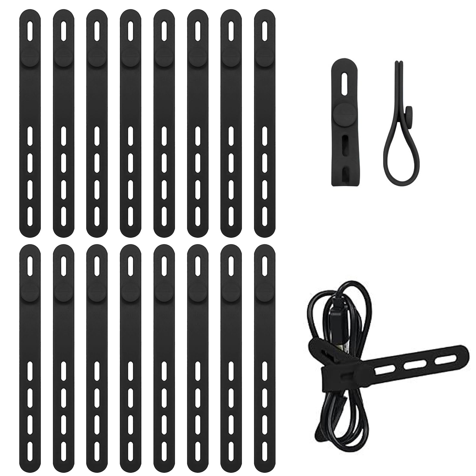 Kemay Reusable Silicone Cable Ties & Straps - Adjustable Cord Organiser For Cable Management, Earphones, Charging Cords & Desk Tidy | Multipurpose Zip Ties For Home Office (16Pcs, Blcak)
