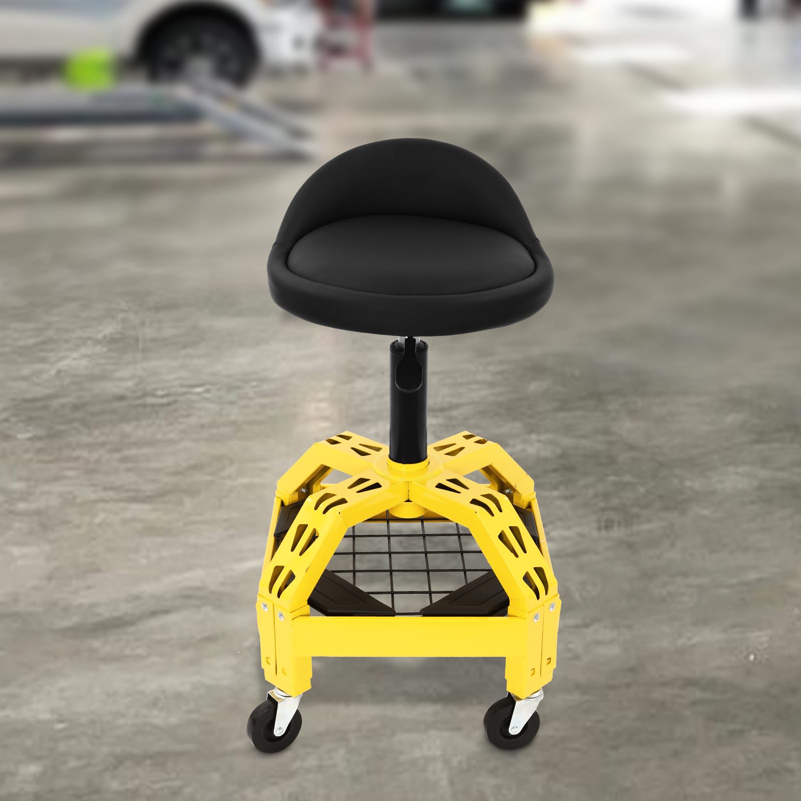 Sgabello da officina regolabile in altezza, girevole con 4 ruote universali, portata fino a 130 kg, ideale per riparazioni e officine