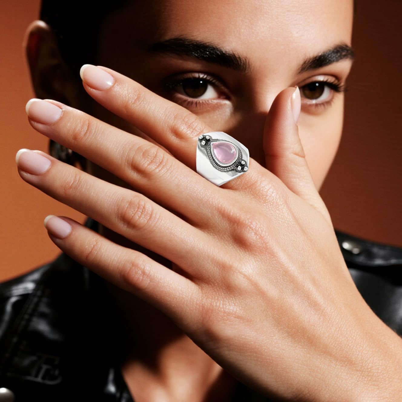 Retro Sterling Silver Waterdrop Natural Stone Boho Ring,Dainty Vintage Antique Oval Real Genuine Crystal Gemstone Statement e Bohemian Wide Chunky Band Ring Jewelry for Women Her