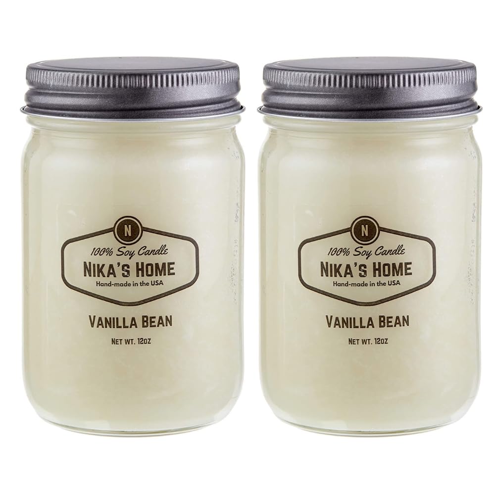 Nika's Home Vanilla Bean 12oz Mason Jar Soy Candles - 2 Pack - Hand Poured Handmade, Long Burning 50-60 Hours Highly Scented All Natural, Clean Burning Large Candle Gift Home Décor