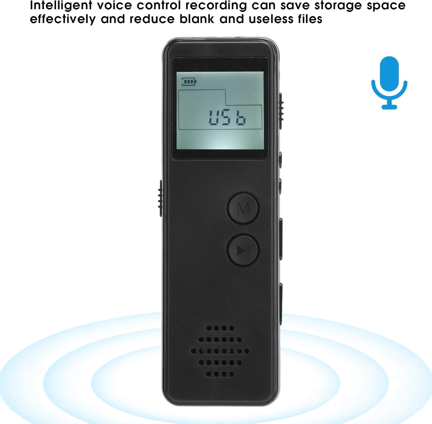Ön view of the ciciglow SK-299 Digital Voice Recorder showing the display, M button, and Play/Pause button.