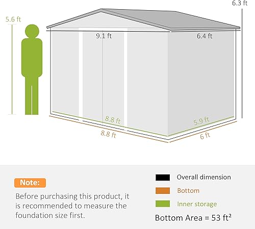 Miniatura 7 de Outsunny - Cobertizo de herramientas de jardín para exteriores, 9 x 6 pies, con puertas corredizas dobles, 4 rejillas de ventilación y marco de