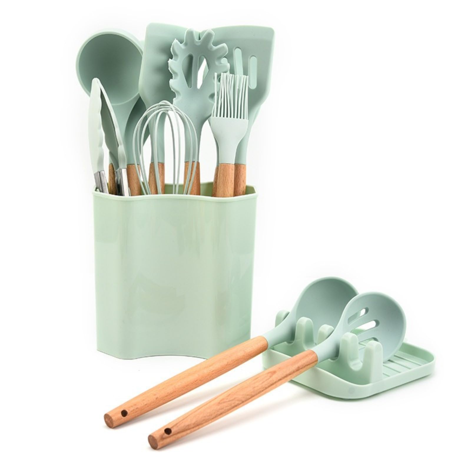 Ensemble de 13 ustensiles de Cuisine carrés en Silicone avec Manche en Bois, spatule en Silicone, Ensemble d'ustensiles de Cuisine en silicone/555(13 Piece Square Bucket Set - Light Green)