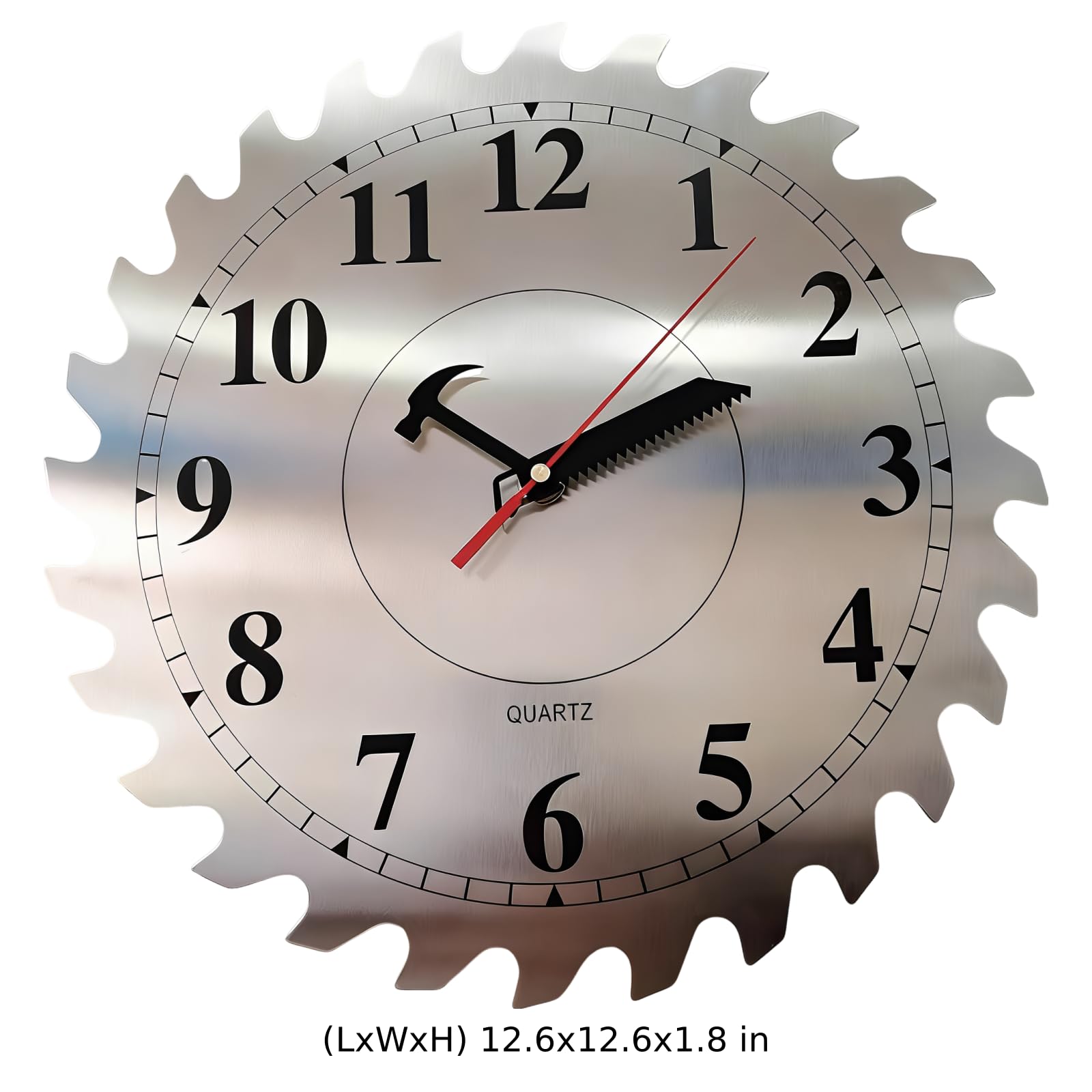 Metalowy zegar ścienny 32 cm, srebrna tarcza z ostrzem piły z młotkowymi rękami, wystrój garażu, dekoracja jaskini męskiej, nietykający cichy zegar do kuchni, restauracji