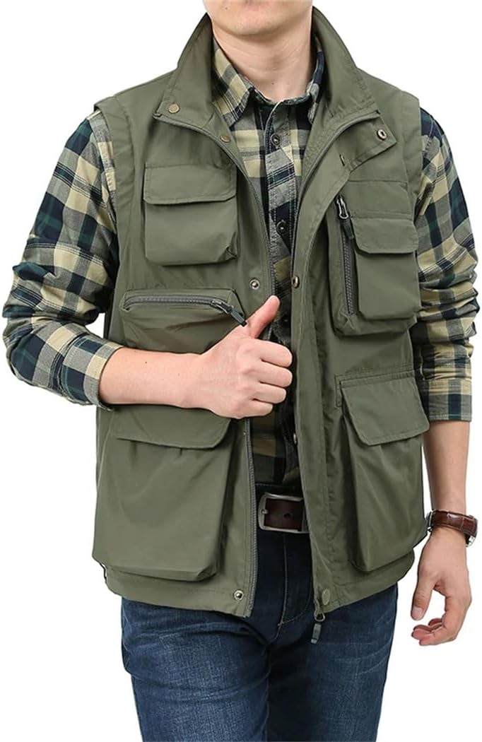 Men's Outdoor Cargo Vest Work Photo Travel Vest Multi Pockets Zip Up Sleeveless Jacket