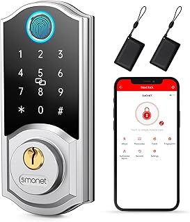 Smart Lock, SMONET Fingerprint Deadbolt Keyless Entry Door Lock with Electronic Bluetooth Digital Keypad for Front Door, Biometrics, Auto Lock, Fob Key, Passcode by APP Control for Home Hotel,Silver
