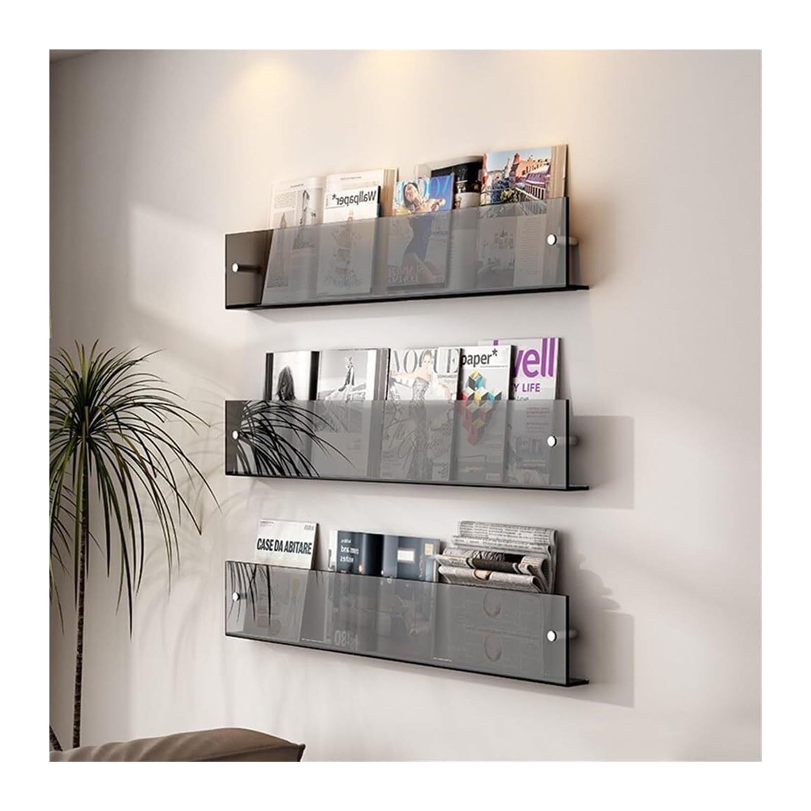 BTYQKZVPM Modern Acrylic Magazine Rack, Acrylic Floating Shelves Magazine File Holder Rack Pack Of 3 40-100cm(Light Gray,90cm)