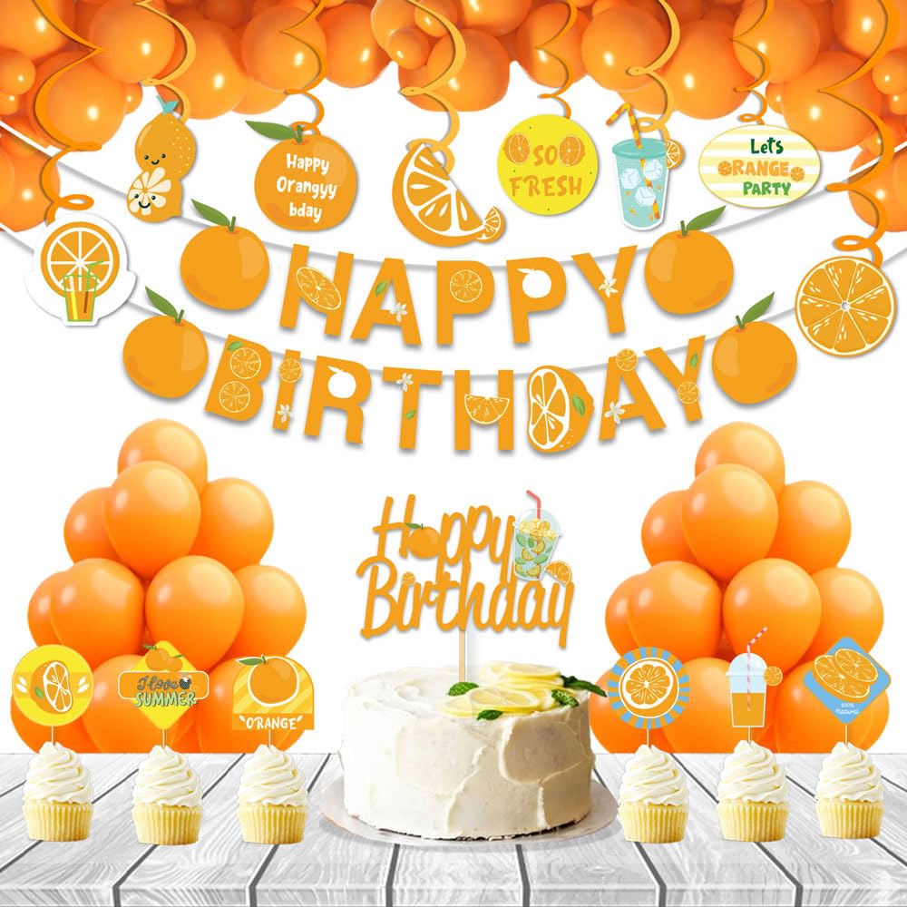 Festiko Cardstock Set Of 49 Pcs Orange Theme Happy Birthday Combo (Banner, Swirls With Cutouts, Balloons, Cake & Cupcake Toppers), Orange Theme Birthday Decorations-image-30