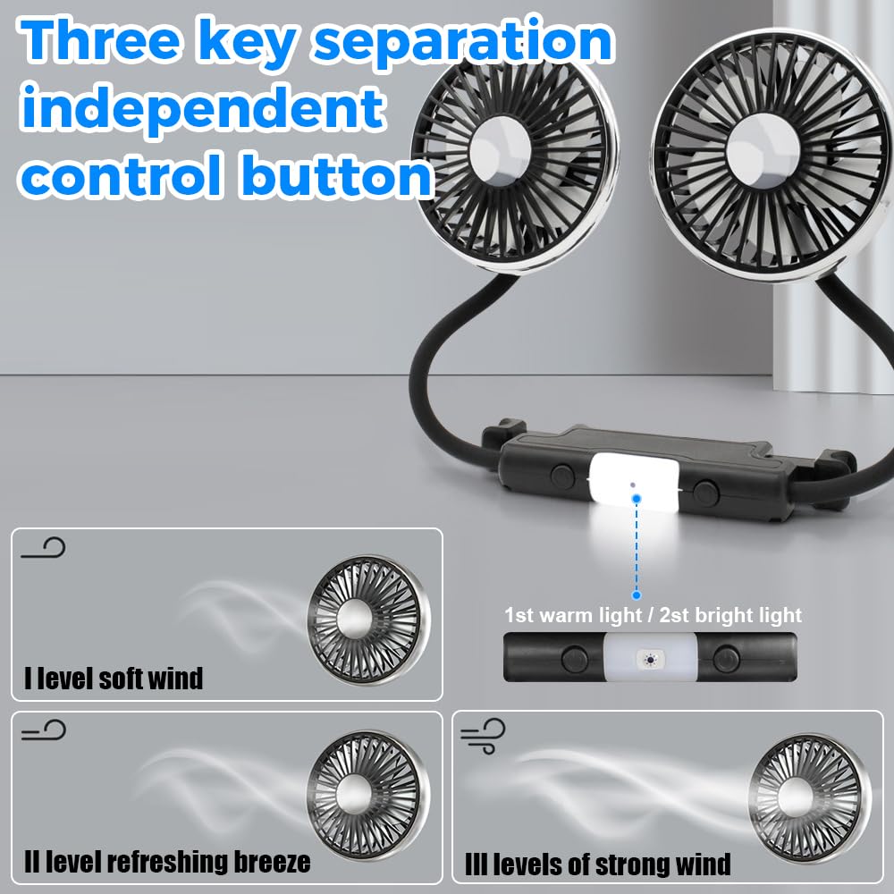 Ventilateur De Voiture, Ventilateur Voiture à Double Tête, Passager Arrière Ventilateur De Refroidissement 3 Vitesses Et Rotation à 360° Ventilateur, Ventilateur Auto Pour Voitures,Camions,Suv