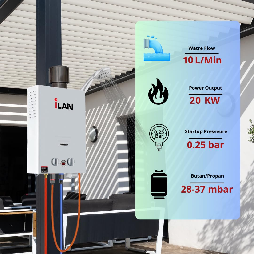 iLAN 10 l/min bezzbiornikowy gazowy podgrzewacz wody na propan / LPG z osłoną przeciwdeszczową, wielofunkcyjny natychmiastowy prysznic na zewnątrz, na kemping, mycie zwierząt domowych, łodzie domowe i