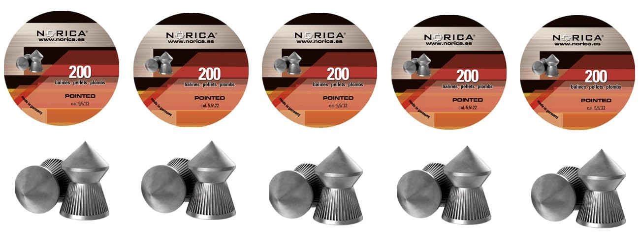 Pack 1000 Balines perdigones Norica Pointed Calibre 5.5 / .22 [5 latas de 200 perdigones]