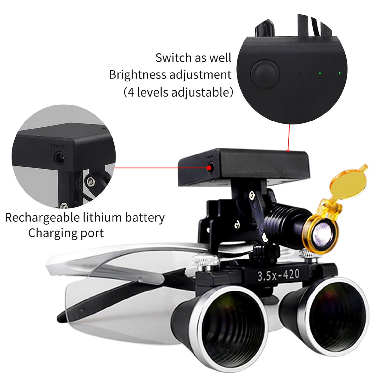 Lupa Binocular Dental, Lupa De Laboratorio De 2,5X/3,5X, con Linterna Frontal Led Estéreo De 5W, Distancia De Trabajo De 320-420mm, 4 Niveles De Brillo Ajustable Silver-3.5X