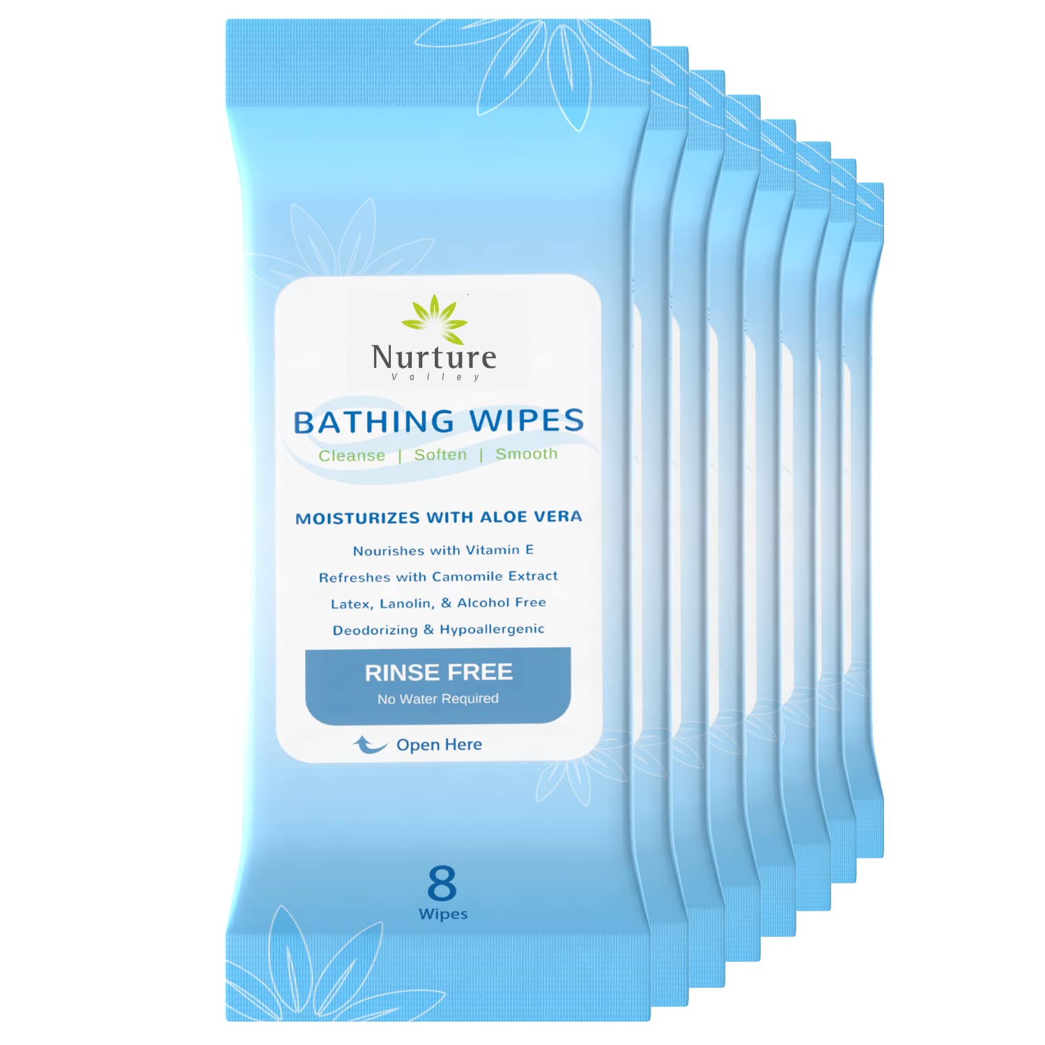 Rinse Free No Shower Bathing Wipes (8-Pack) | 64 Microwavable Adult Cleansing Body Bath Wash Cloths with Aloe Vera & Vitamin E - No Water Required - Latex Lanolin & Alcohol Free - 8 Packs of 8 Wipes : Health & Household