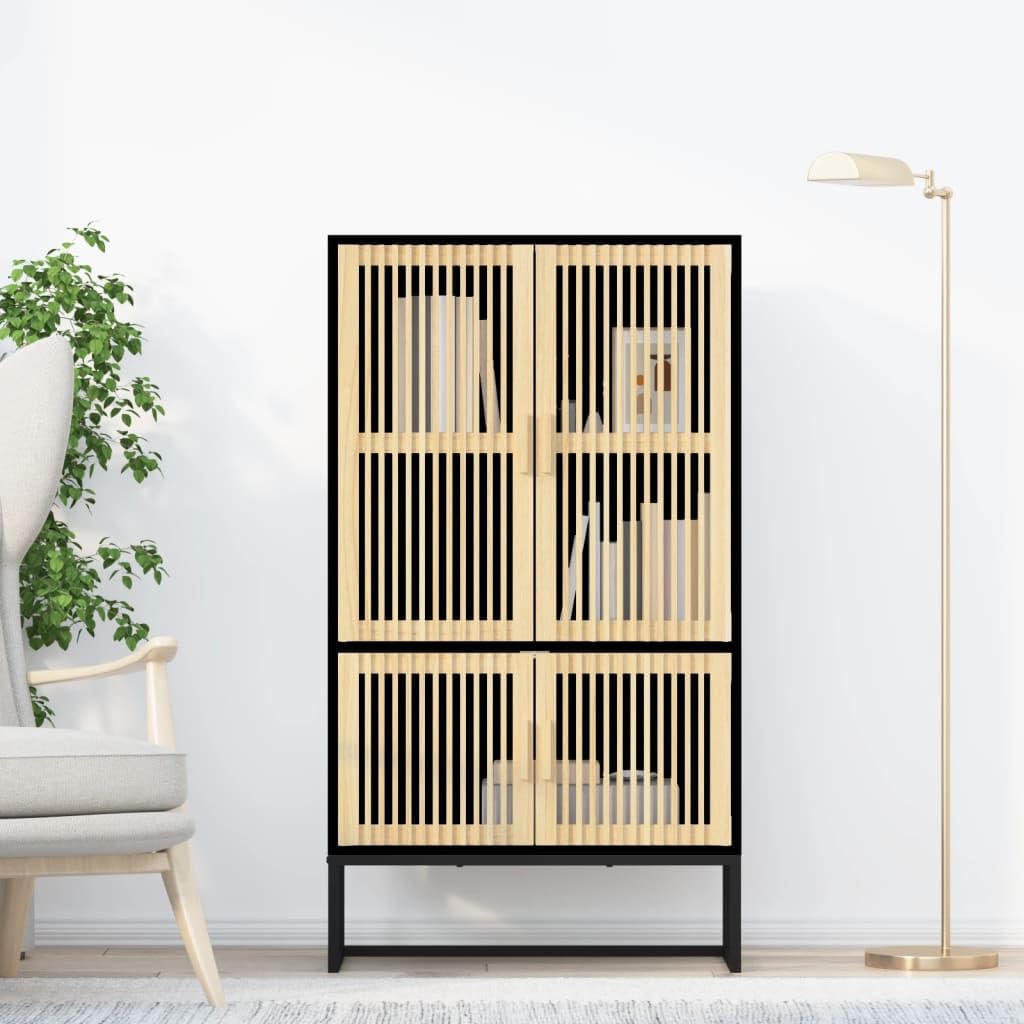 Meuble haut noir en bois et pin massif 70x35x125 cm pour rangement bureau