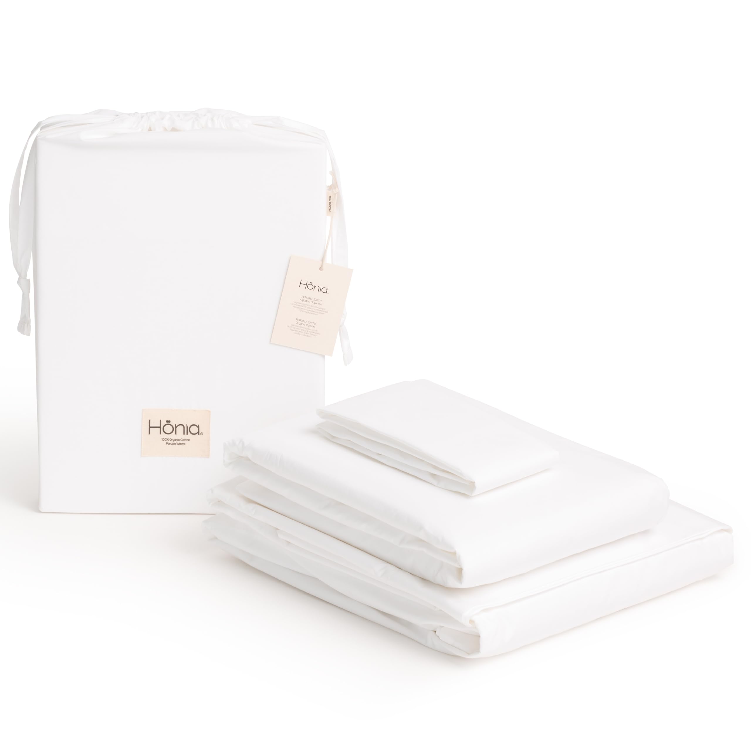 Hönia Juego Sábanas 90x190/200 cm, Algodón Orgánico Percale 270TC, Blanco | Tacto Fresco, Natural y Transpirable | Certificación GOTS | 3 Piezas: Encimera, Bajera Ajustable y Funda de Almohada