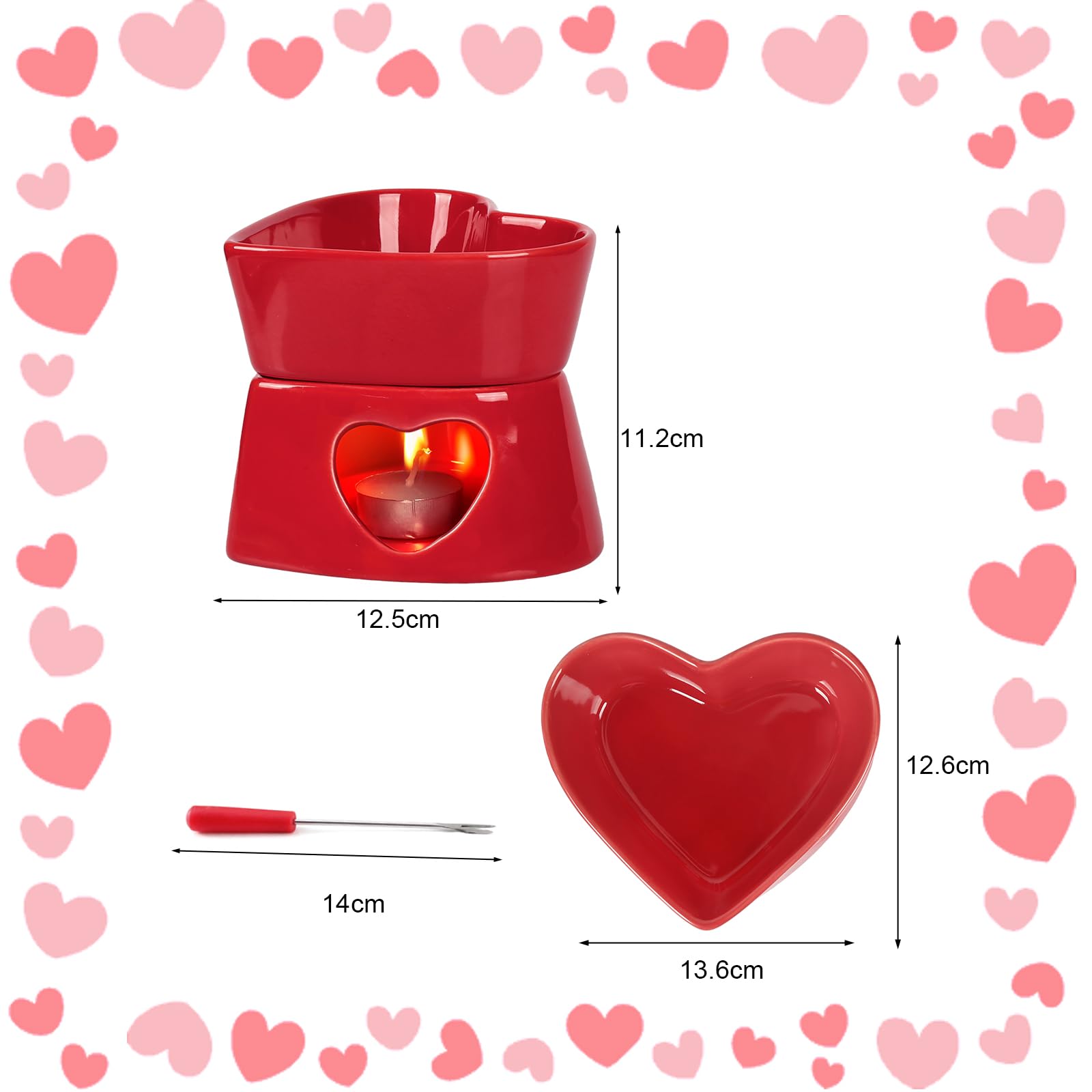Fonduta al Cioccolato Forma di Cuore Rosso Fonduta Formaggio in Ceramica Rosso da 320 ml con 4 Forchette Rosse Acciaio Inossidabile - per San Valentino
