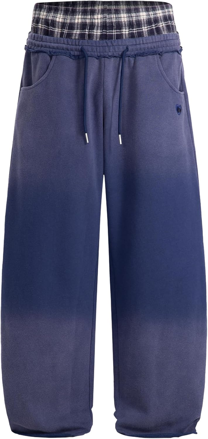 Aelfric Eden Double Waist Washed Baggy Sweatpants Loose Wide Leg Plaid Patchwork Casual Pants with Pockets