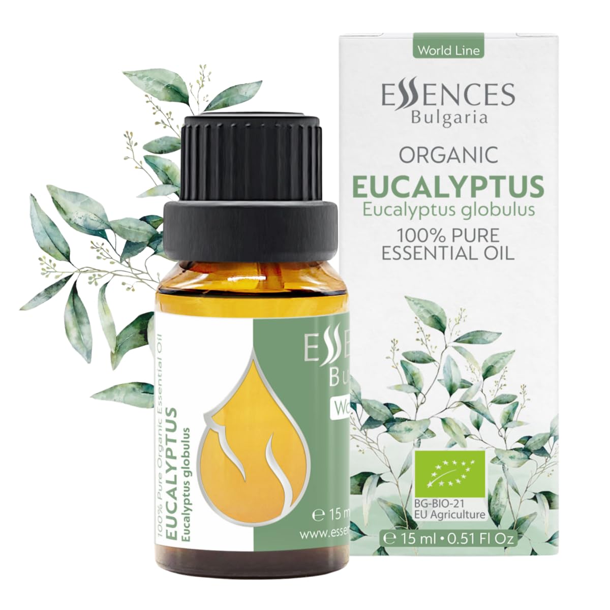 Essences Bulgaria Organic Eucalyptus Essential Oil 0.51 Fl Oz 15ml Eucalyptus globulus 100% Pure Natural Undiluted Therapeutic Grade for Aromatherapy Diffuser Humidifier Air Purifier Sauna Steam Room