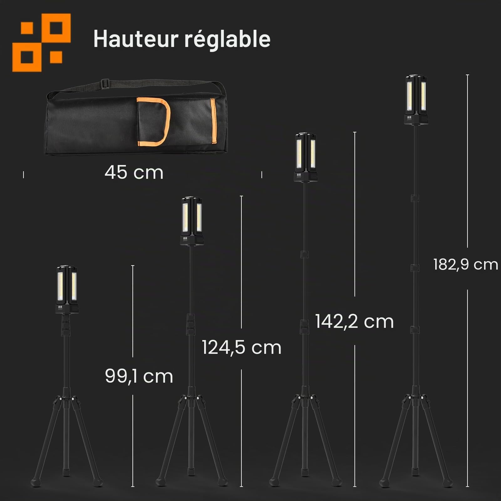 Projecteur LED Chantier Solaire Rechargeable 13200 mAh avec Trépied et Sac de Transport, Lampe de Chantier à Intensité Variable en Continu 8000 Lumens, Blanc/Chaud/Naturel (SOS) (avec télécommande)