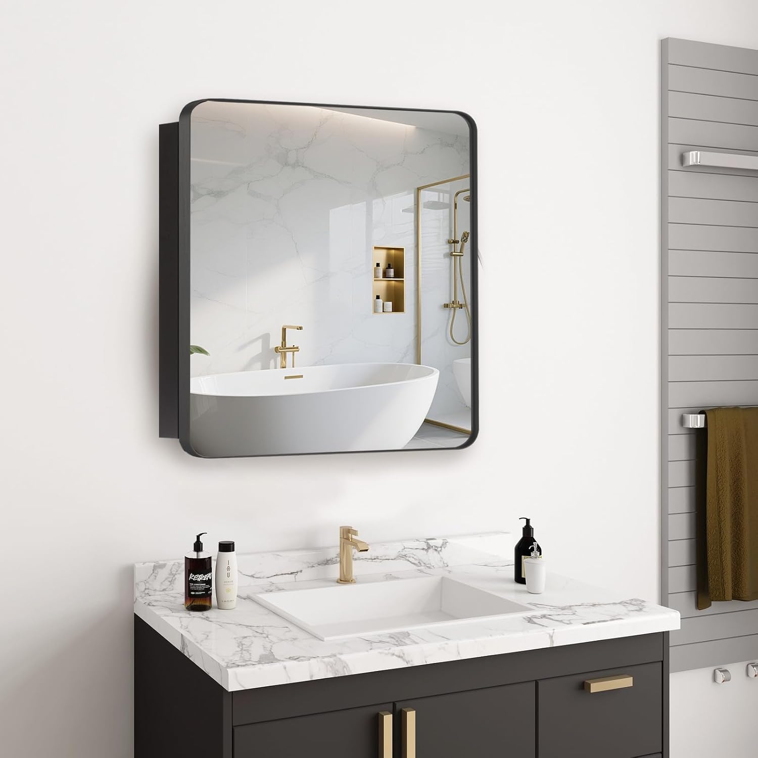 20’’x20’’ Medicine Cabinet,Metal Framed Medicine Cabinet Mirror with Round Corner,Recessed and Surface Mount Bathroom Mirror with Storage, Adjustable Shelves,Dark Gray Frame