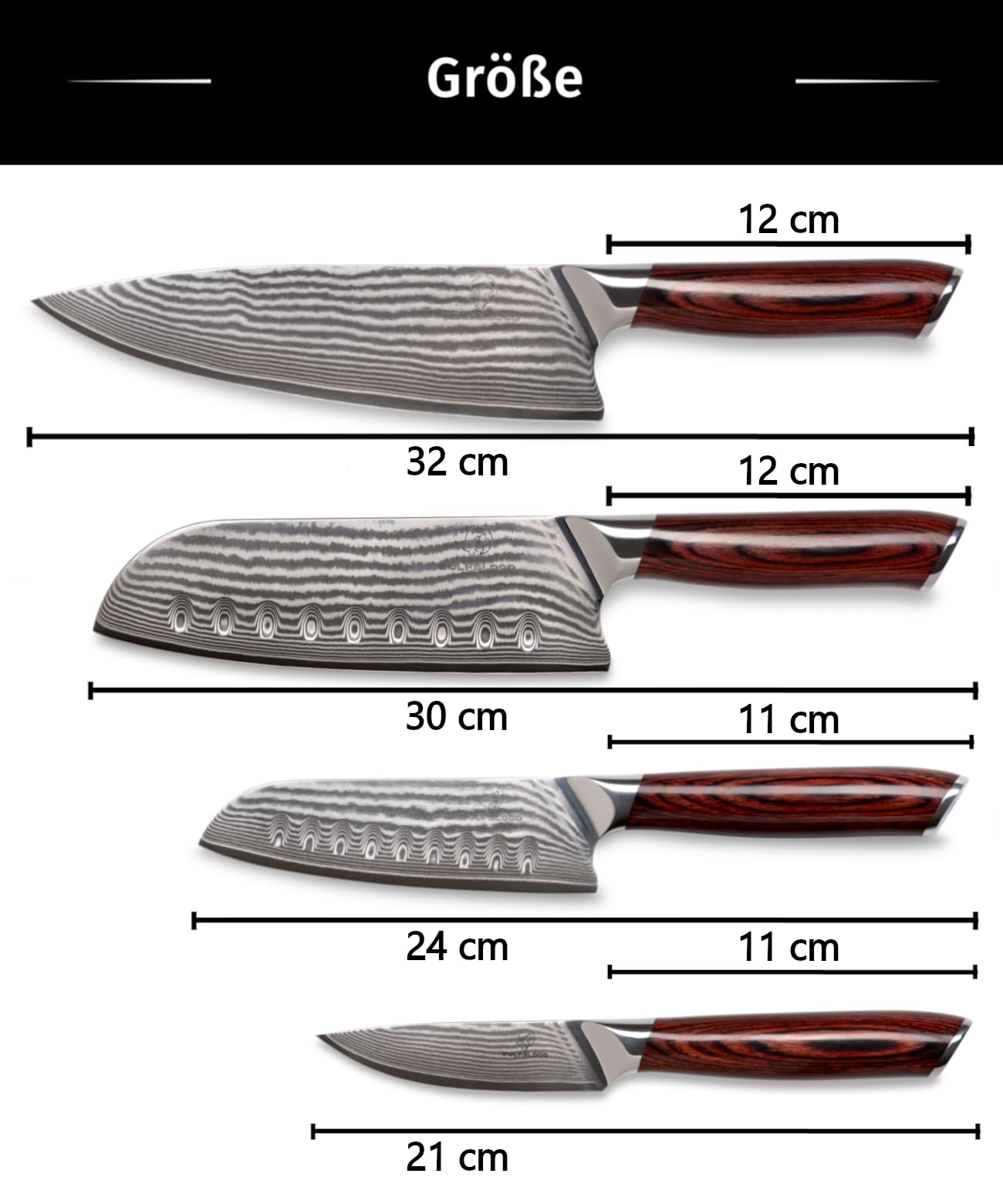 Wolfblood 4er Damastmesser Set (32, 30, 24 und 21 cm) TÜV geprüfter 62 HRC Damaststahl aus 67 Lagen I Damast Küchenmesser Set mit Chefmesser Santokumesser Kirschholzgriff Klingenschutz & Geschenkbox