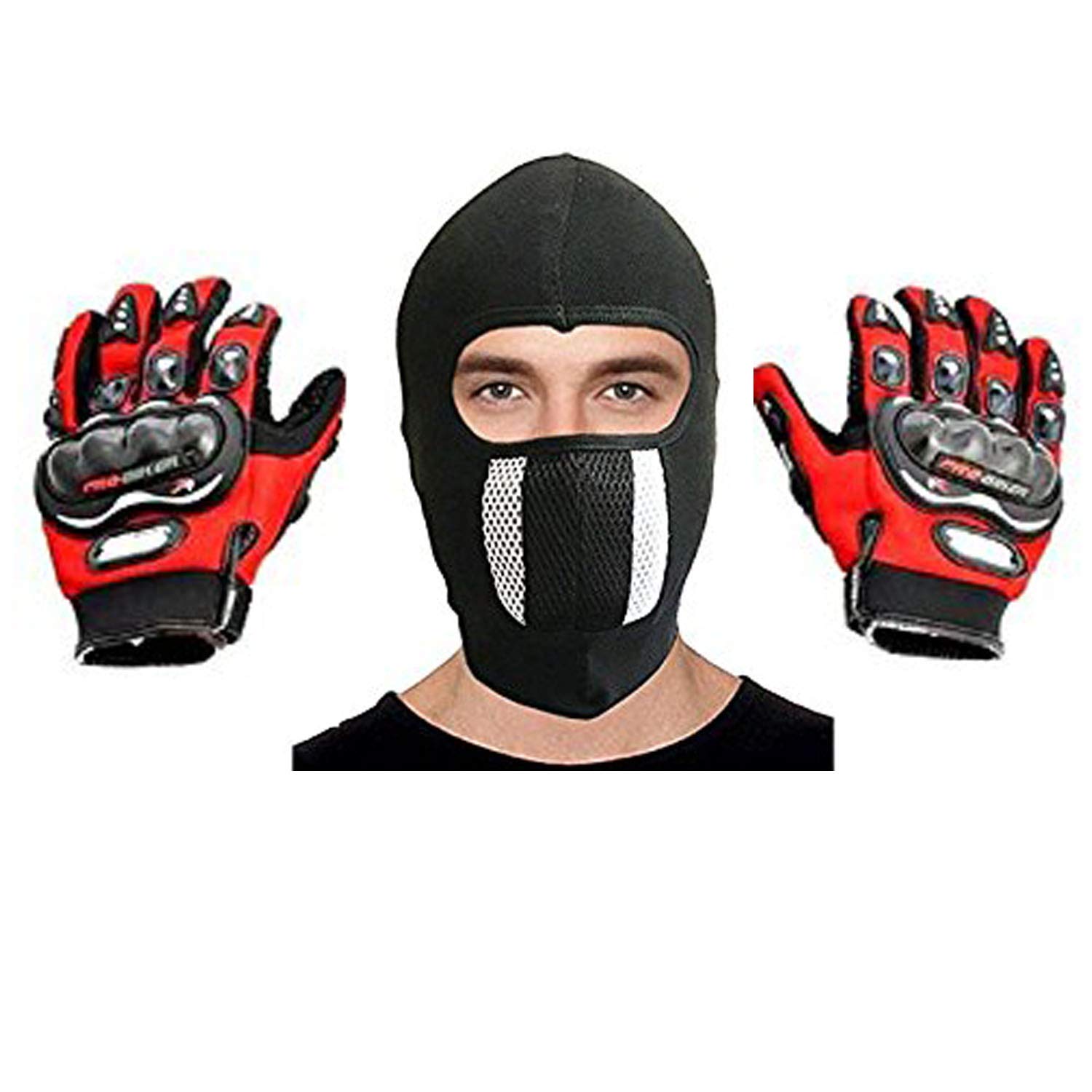 eraa Men's and Women's Leather Motorcycle Dotted Gloves and Cotton Cycling Anti-Dust Full Face Mask with Filter (Assorted Colors, Free Size)