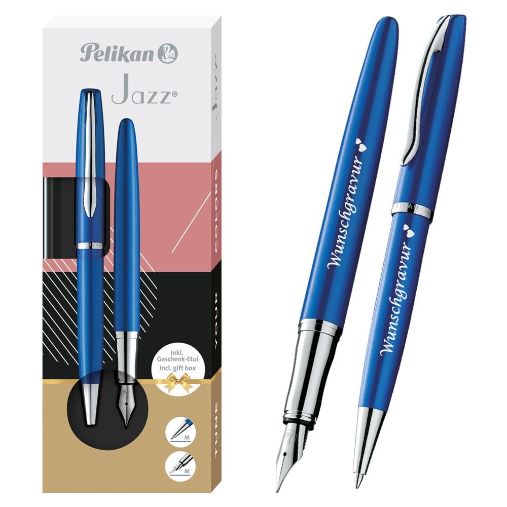 Pelikan Füller & Kugelschreiber Jazz® Noble Elegance im Set mit Wunschgravur | inkl. Geschenkeuti | Emoji Gravur | Saphire Blau Schreibset mit Gravur PS201