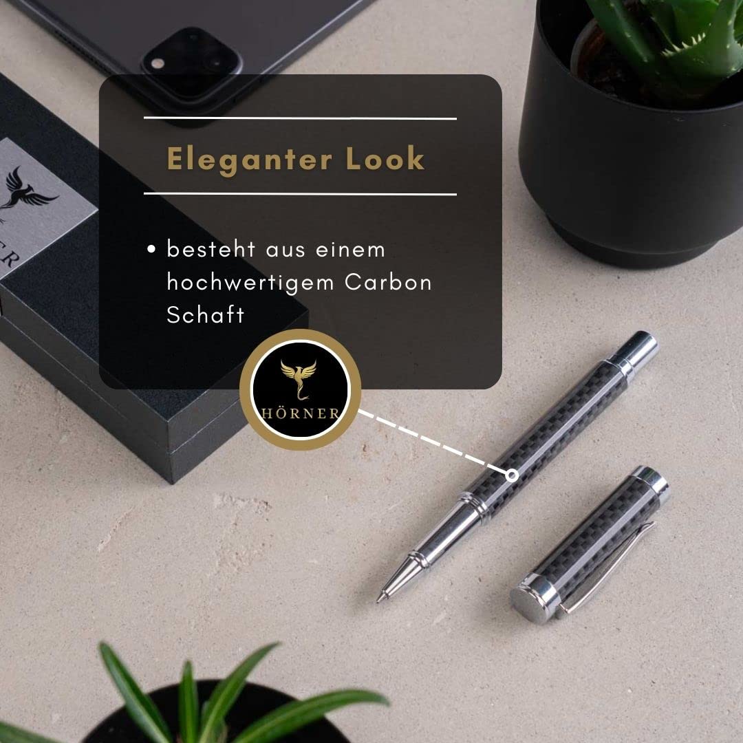 Hörner One – Stylo à bille haut de gamme en carbone noir et argent | Couleur de l'encre bleue 0,7 mm | En métal | Set d'écriture élégant avec étui I Stylo indélébile pour écriture multiple | Moderne