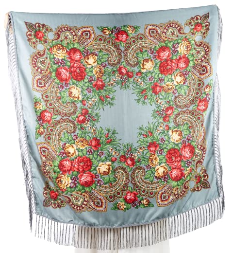 GenericDDaniela Women's Scarves Traditional Ukraine Russian Medium Size Square Cotton Long Tassel Print Shawl Grey with Gold