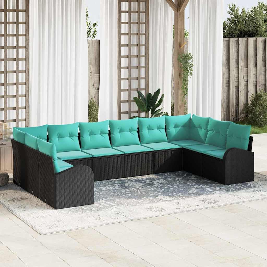 Generisch Gartensofa-Set 10 STK. Schwarz und Türkis Poly-Rattan,Gartensitzmöbel,81.6kg-3354895