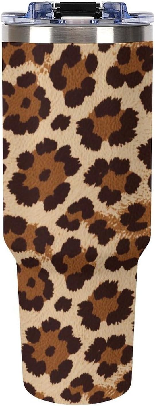40 Oz Insulated Mug with Handle Lid And Straw Retro Brown Leopard Print Pattern Large Metal Sports Bottle Great for Gifts Parties Office Coffee