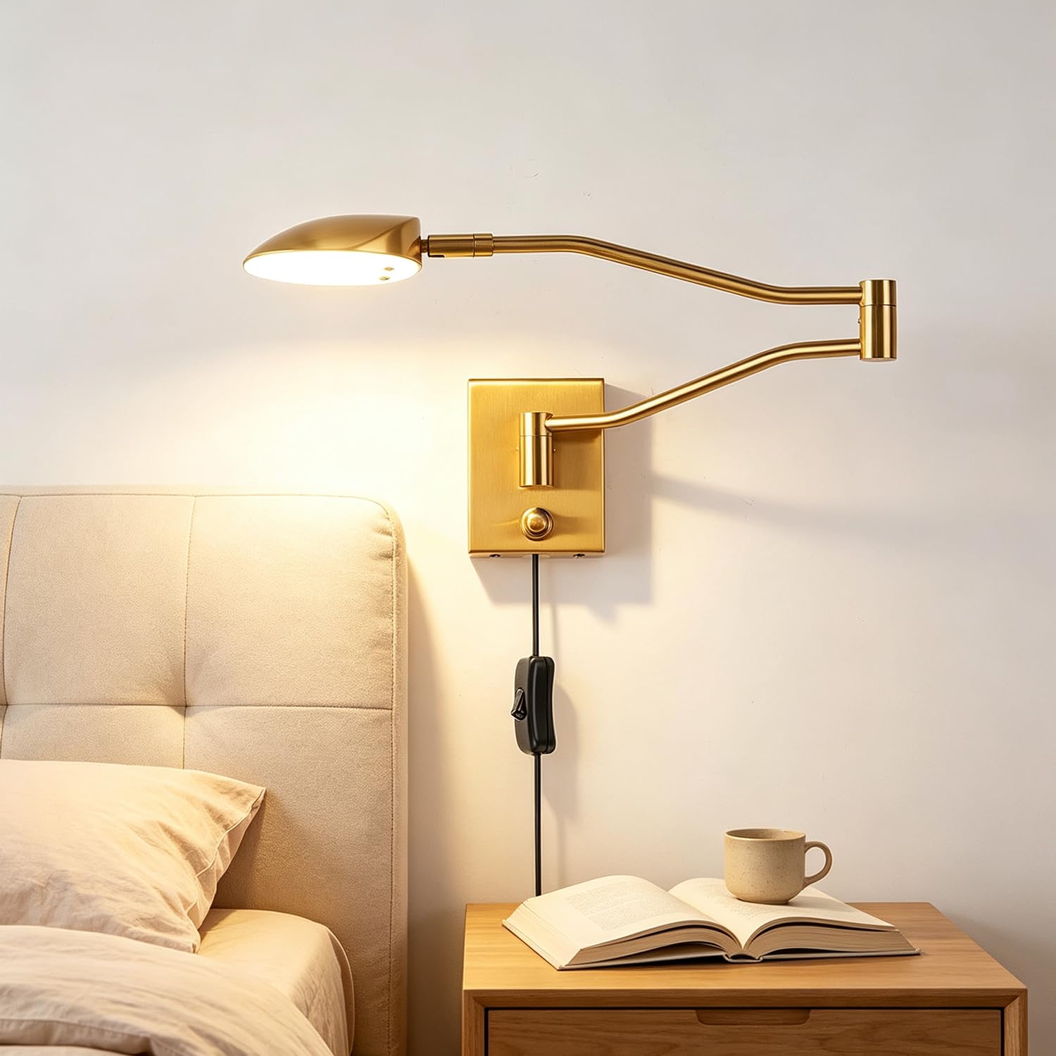 LED Wandleuchte Innen mit Schalter und Stecker, Dimmbar 9W Drehbar Wandlampe Nachttischlampe mit Kabel,4000K Warmweiß Licht, Verstellbare Lange Arm Wand Leselampe für Schlafzimmer Wohnzimmer,Gold
