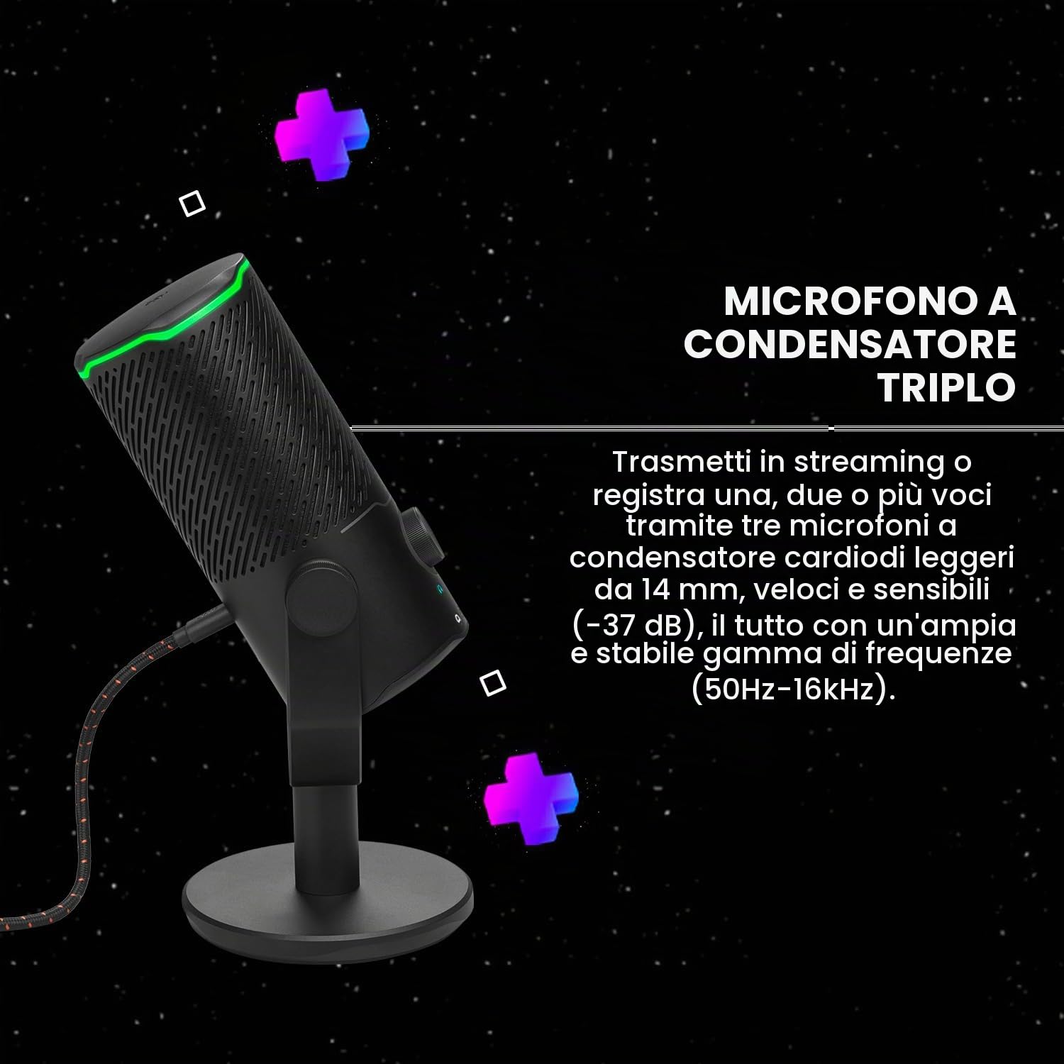JBL Quantum Stream Studio, Microfono a Condensatore USB, Nero | Capsula Tripla per Streaming, Registrazione e Gaming, 4 Pattern Polari, VU Meter RGB, Compatibile con JBL QuantumEngine